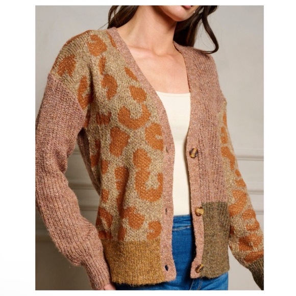 Sweaters - NWT Open Front Cheetah Print Colorblock Cardigan